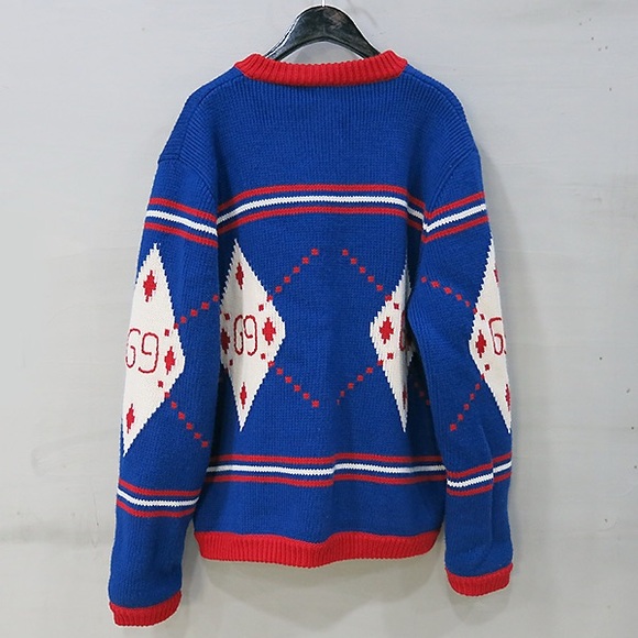 Gucci Blue Argyle Intarsia GG Heavy Wool Cardigan Sweater Size L - Picture 3 of 6
